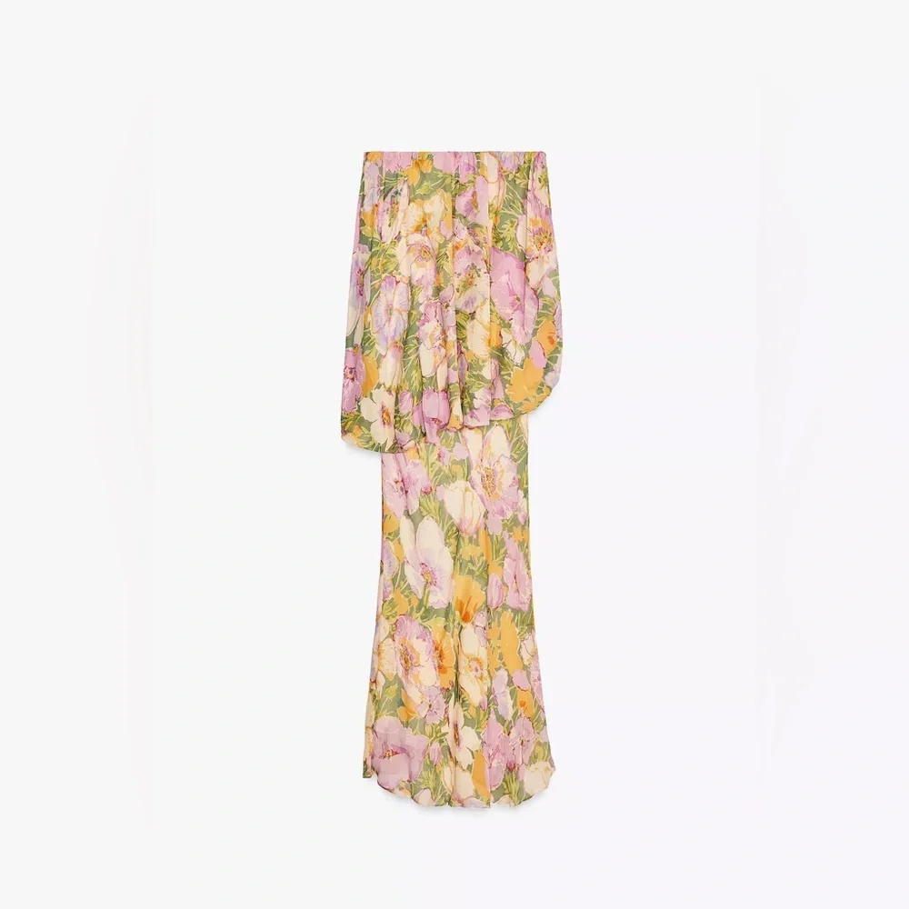 Zara Floral Strapless Maxi Dress Wedding summer evening bodycon - Picture 13 of 16